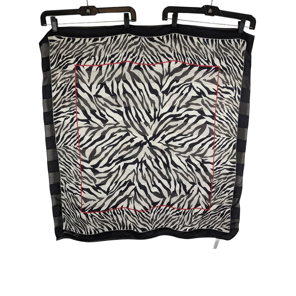 Oscar de la Renta Silk Scarf Black White Zebra Print Red Border Square 34in
